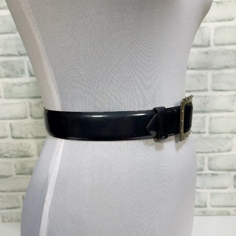Vintage 80s 90s Linea Pelle Smooth Dark Blue Leather‎ Belt Studded Buckle